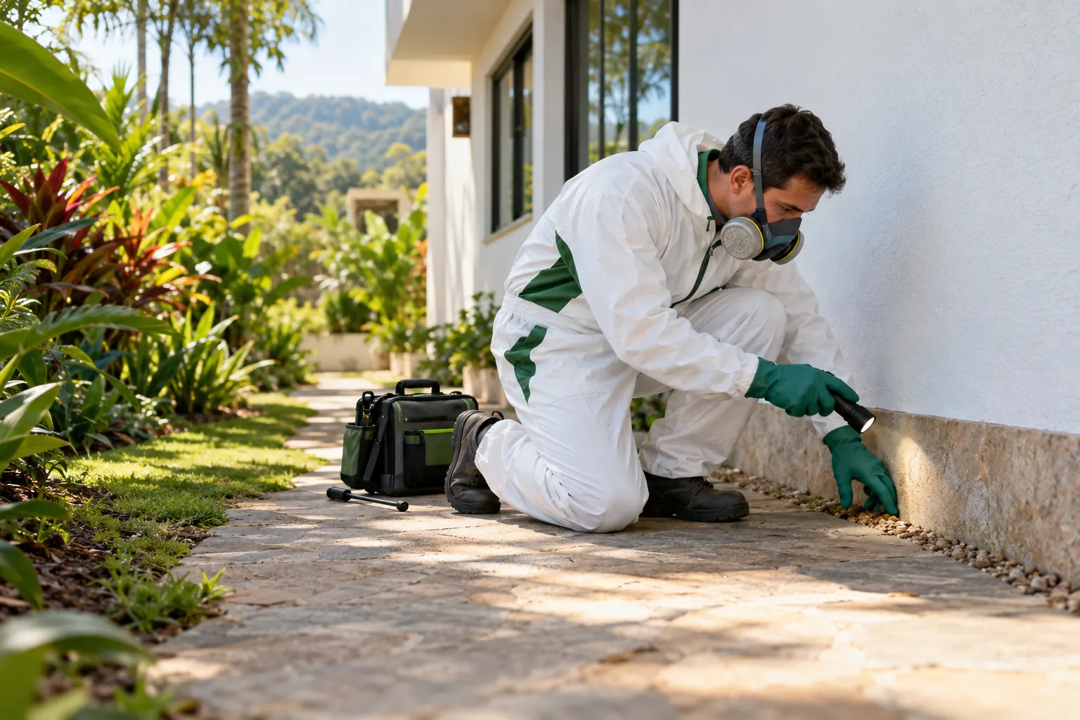 Imagem ilustrativa de profissional com equipamentos de proteção inspecionando a área externa de uma residência